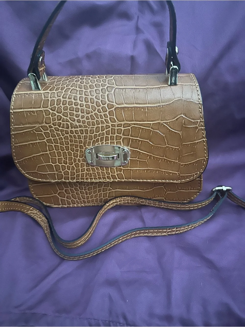 Italian Leather Croc-Embossed Top-Handle Bag in Brown
